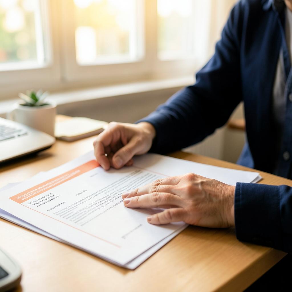 Mains accompagnant le tri de documents administratifs dans une lumière chaleureuse
