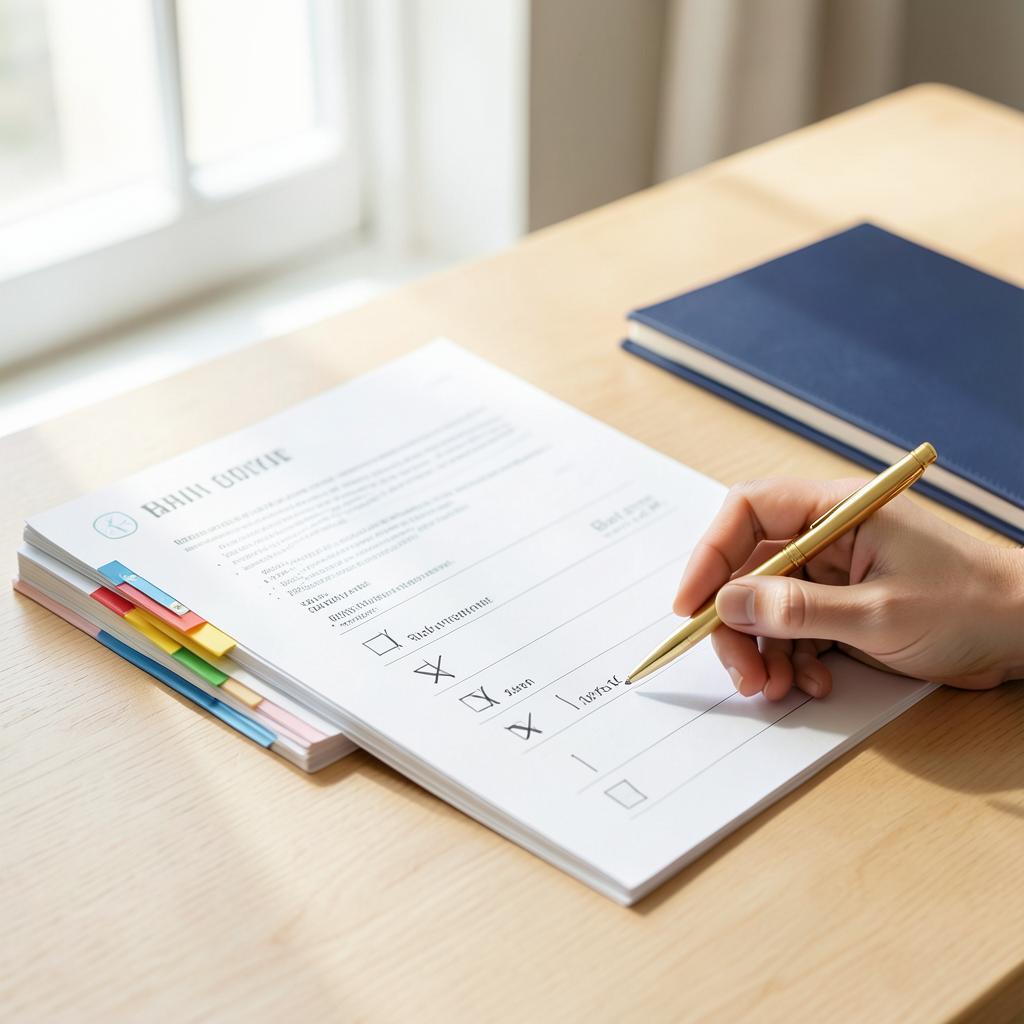 Checklist cochée pas à pas avec un stylo doré sur un bureau clair