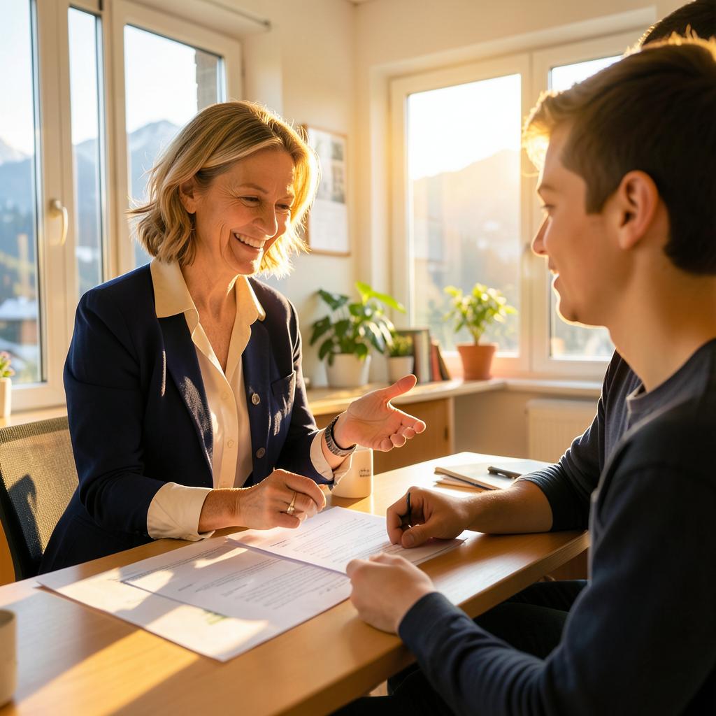 Accompagnatrice souriante expliquant un dossier à un jeune dans un bureau lumineux