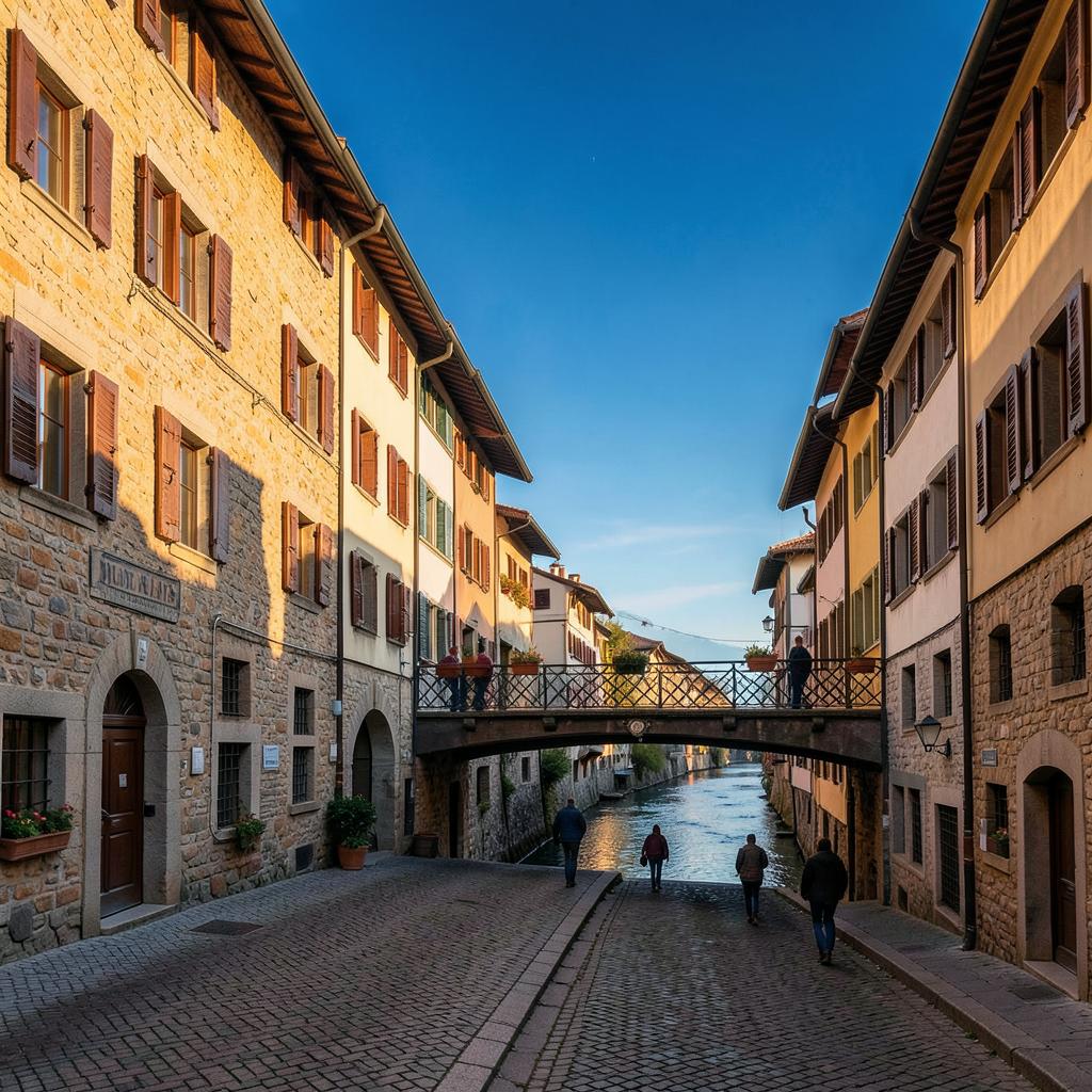Rue pavée d'une vieille ville de Suisse romande avec un pont au soleil couchant